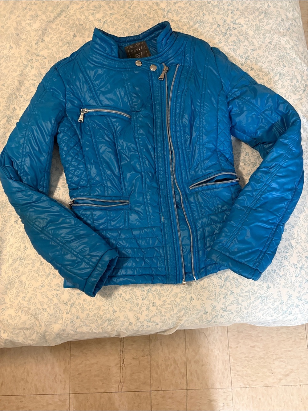 Guess Bright Blue Quilted Zip-Front Puffer Jacket